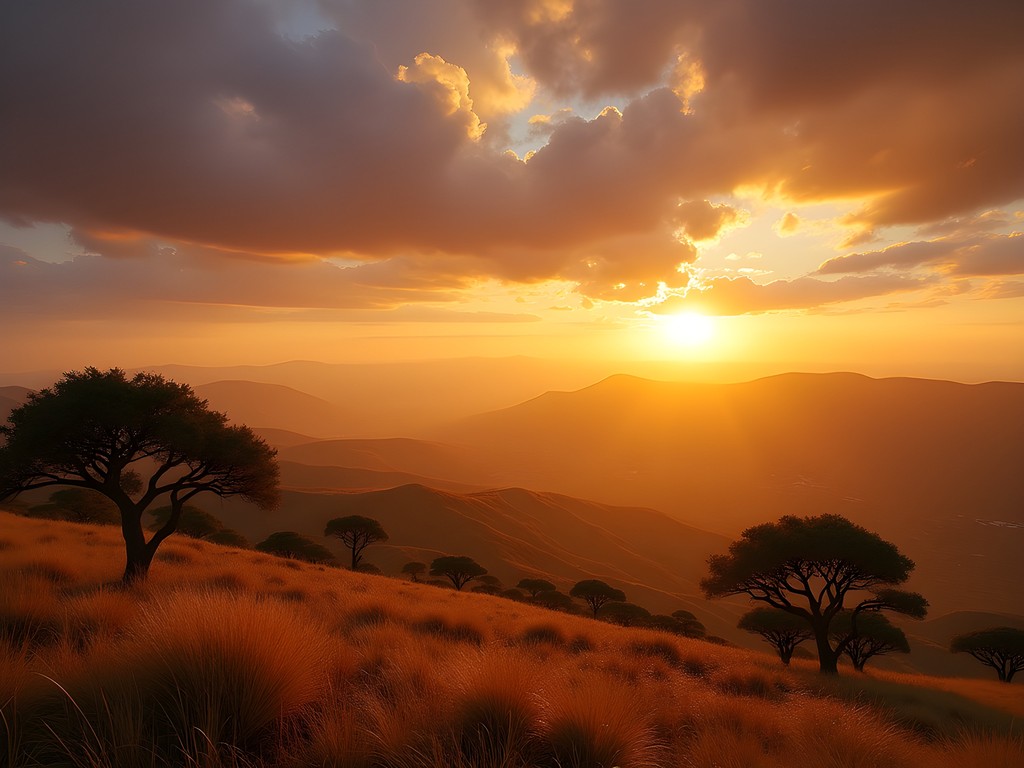 Sunset view from Ngong Hills overlooking the Great Rift Valley with golden light