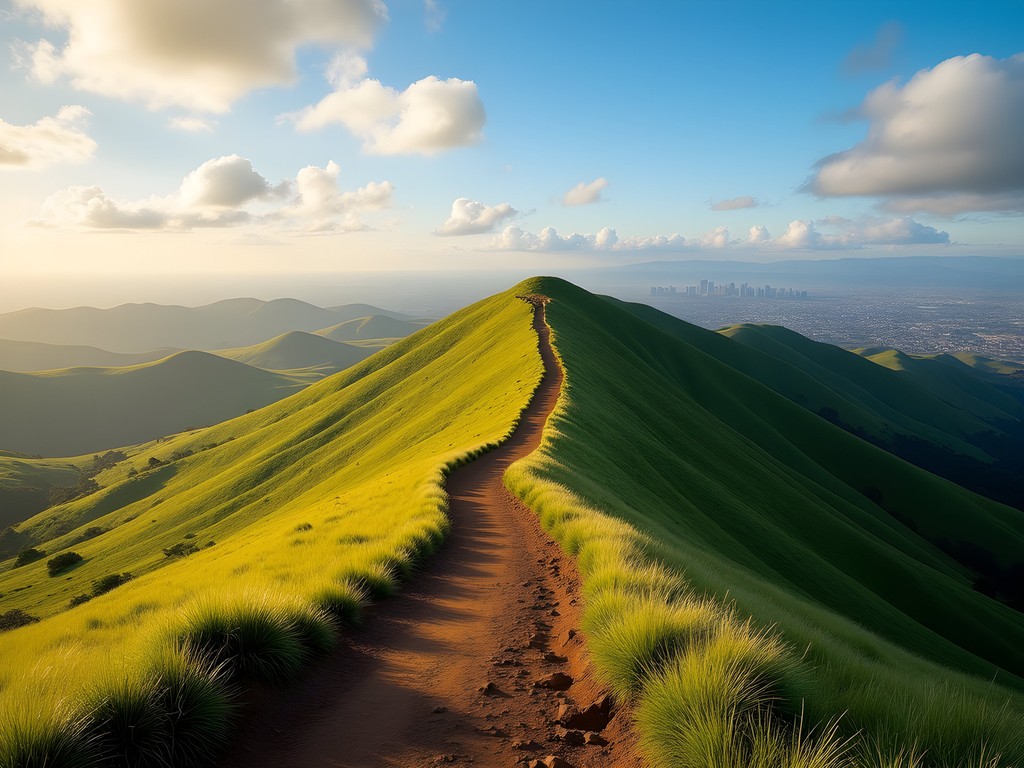 Undulating ridge path along the seven peaks of Ngong Hills with Nairobi skyline visible
