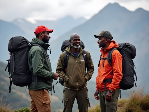 Local Kenyan mountain guide and porters sharing knowledge about the terrain on Mount Kenya trek