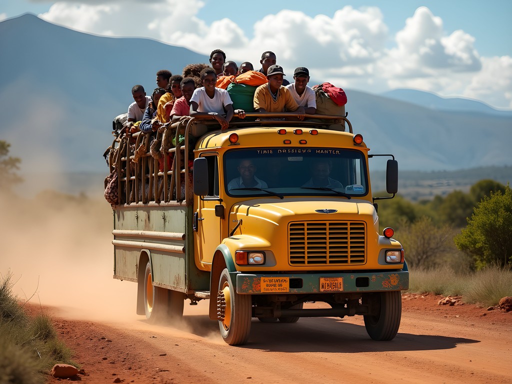 Colorful Kenyan matatu minibus packed with passengers and luggage heading toward Mount Kenya