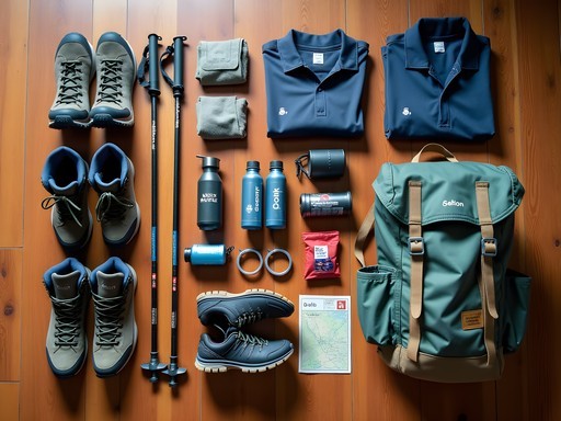 Organized display of essential hiking gear for Mount Kenya trek laid out on wooden floor