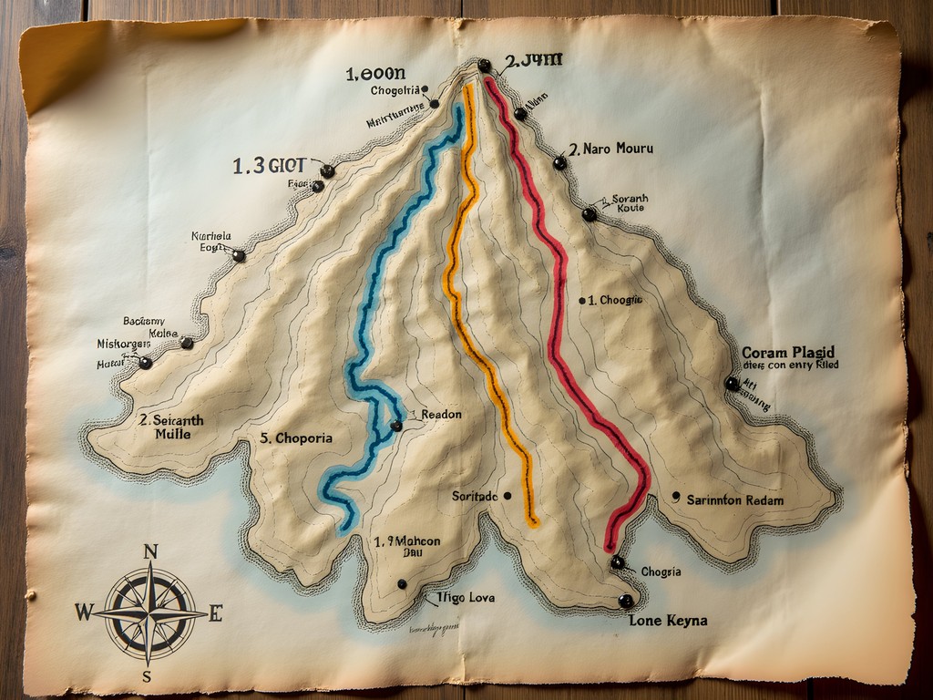 Hand-drawn map showing the three main routes up Mount Kenya with elevation profiles