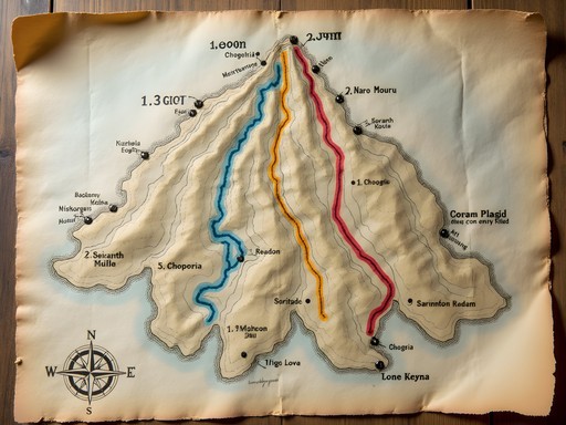 Hand-drawn map showing the three main routes up Mount Kenya with elevation profiles