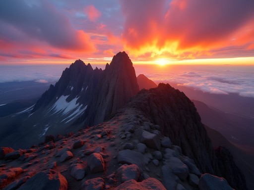 Dramatic sunrise view from Point Lenana summit on Mount Kenya with rocky peaks silhouetted against orange sky