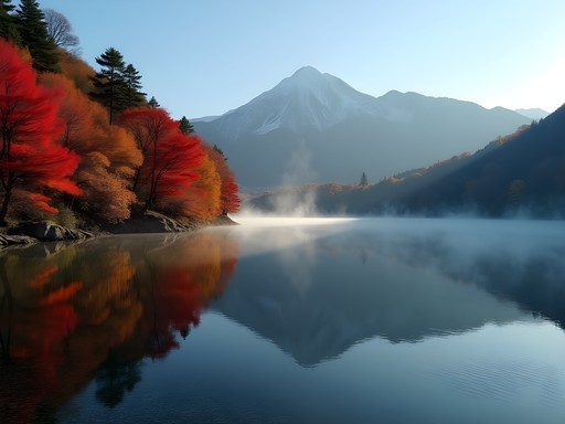 Perfect reflections of autumn foliage mountains in Lake Chuzenji, Nikko