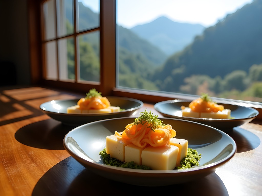 Traditional Nikko yuba dishes served in a mountain restaurant with scenic window view