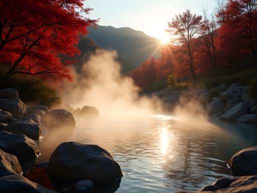 Outdoor onsen hot spring bath with steam rising and autumn mountain views in Nikko