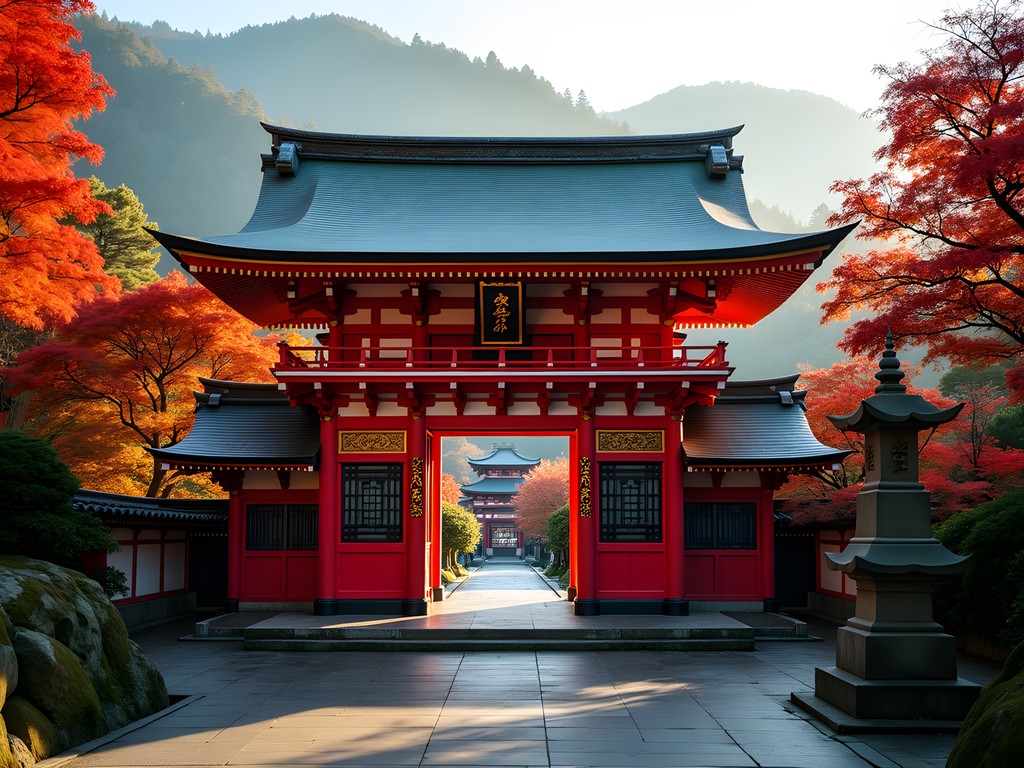 Toshogu Shrine surrounded by autumn foliage and mountain backdrop in Nikko