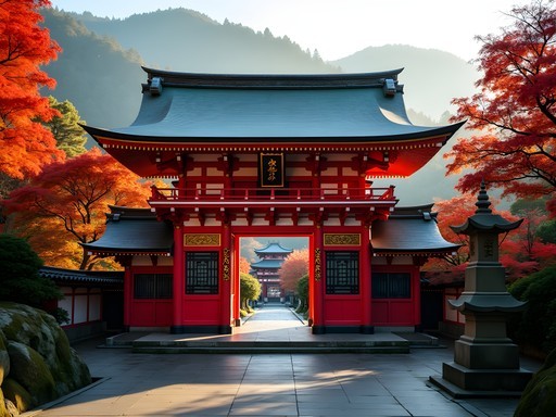 Toshogu Shrine surrounded by autumn foliage and mountain backdrop in Nikko