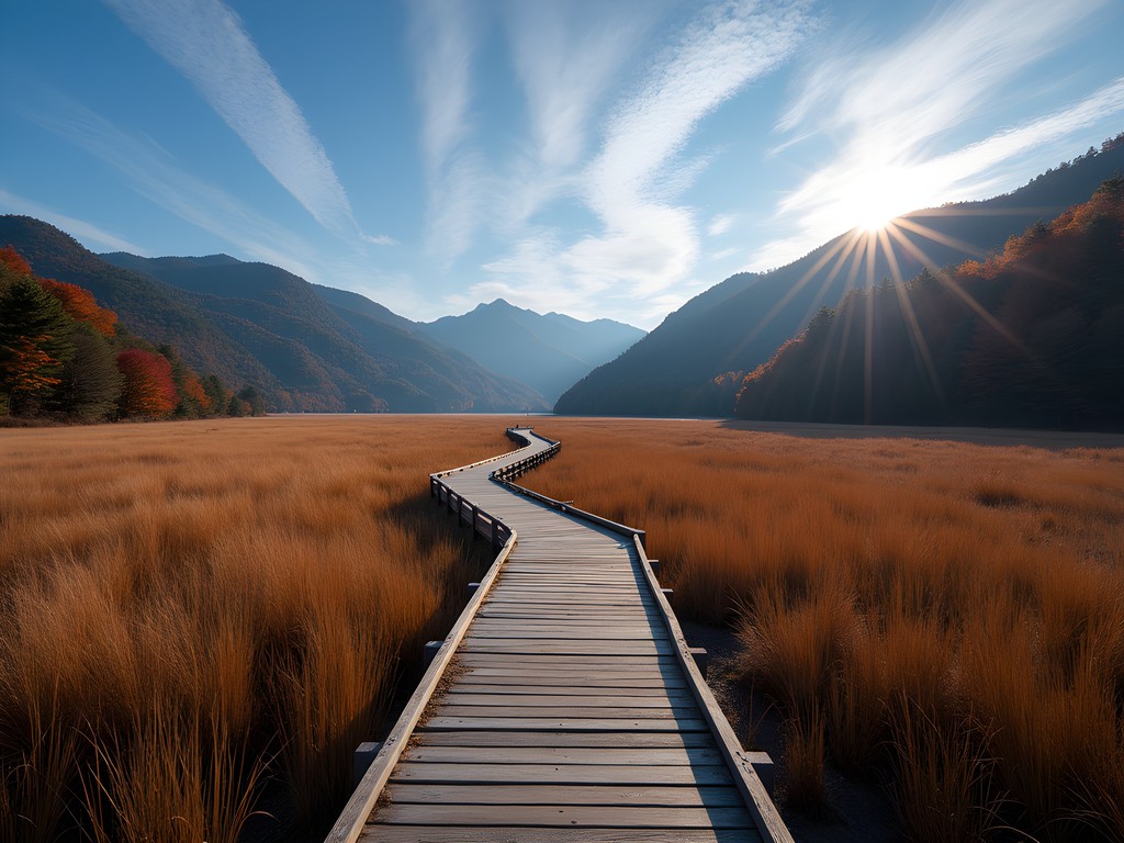 Wooden boardwalk trail through Senjogahara Marshland with autumn colors and mountain backdrop