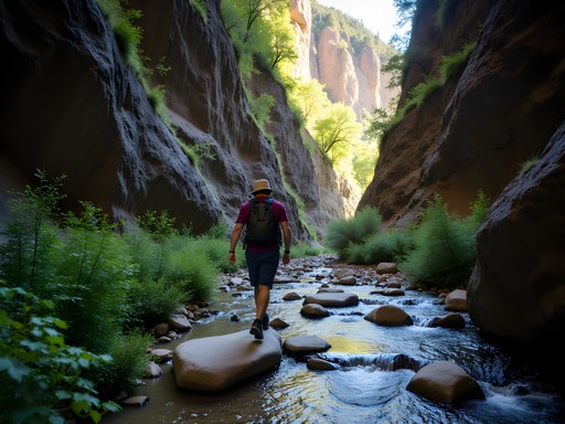 Hiker crossing creek in Icebox Canyon with towering canyon walls