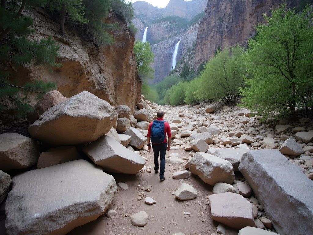 Hiker navigating boulder field on Waterfall Canyon Trail in Ogden