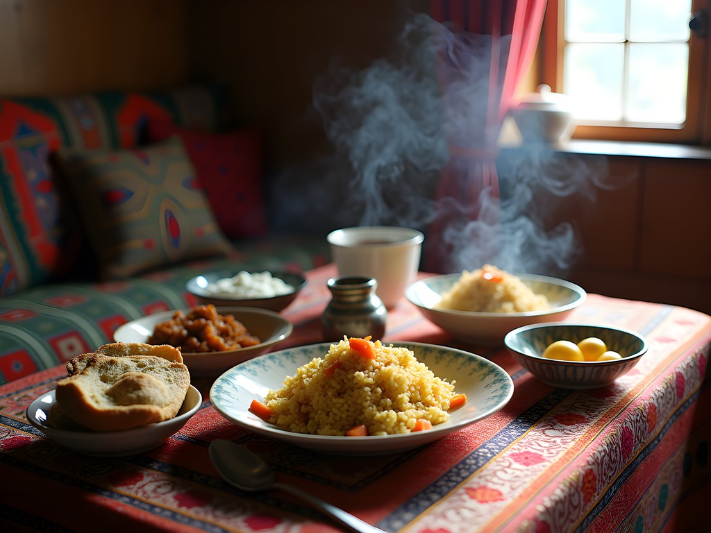 Traditional Kyrgyz homestay meal with local family in mountain village