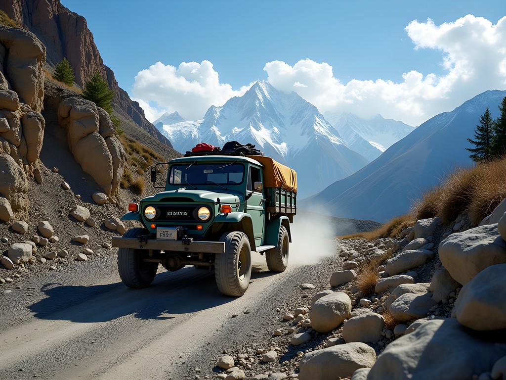 4x4 vehicle traversing rugged mountain road to Lenin Peak Base Camp