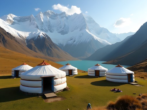 Traditional Kyrgyz yurt camp with Lenin Peak mountain backdrop