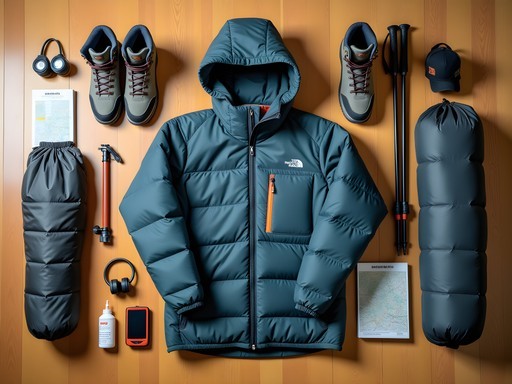 Essential trekking gear laid out for Kyrgyzstan mountain expedition