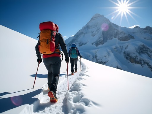 Advanced trekkers navigating snow field en route to Lenin Peak Advanced Base Camp