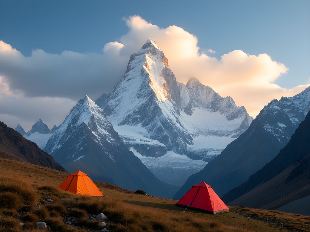 Stunning view of Lenin Peak from Base Camp with snow-capped mountains and alpine meadow