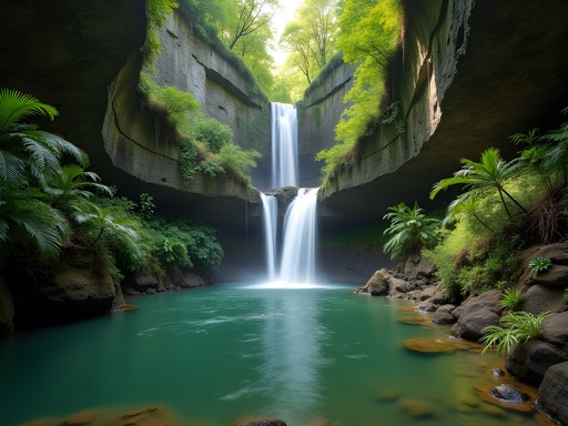 Secret waterfall with emerald pool in the mountains near Ouro Preto