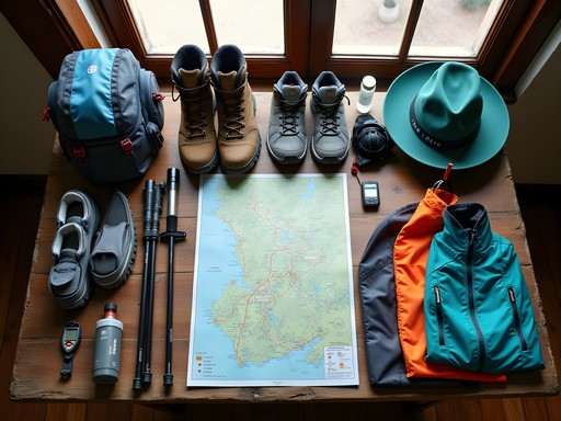 Essential hiking gear laid out for mountain treks around Ouro Preto