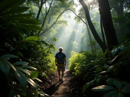 Older man hiking on jungle trail towards Motiepa Waterfall in Palenque