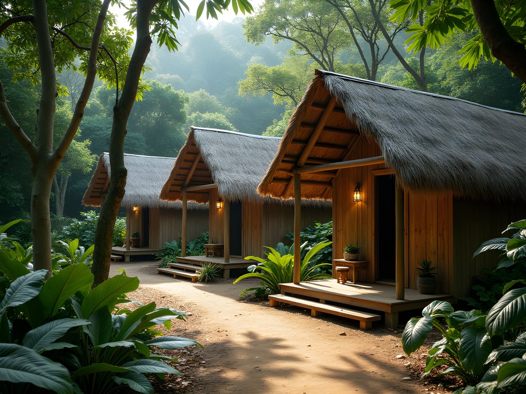 Rustic wooden cabanas nestled in jungle at El Panchan near Palenque ruins