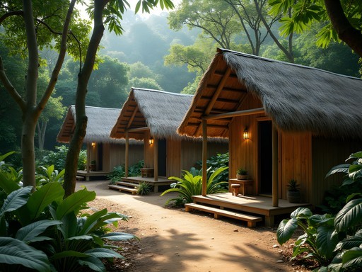 Rustic wooden cabanas nestled in jungle at El Panchan near Palenque ruins