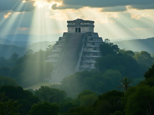 Ancient Mayan temple rising from misty jungle in Palenque archaeological site