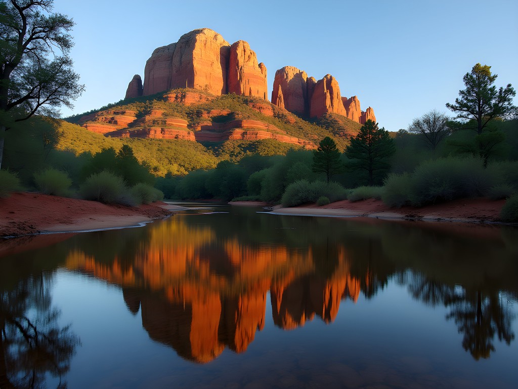Cathedral Rock formation reflecting in Oak Creek at sunrise