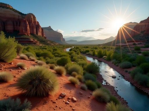Dramatic landscape transition from desert terrain to red rock formations