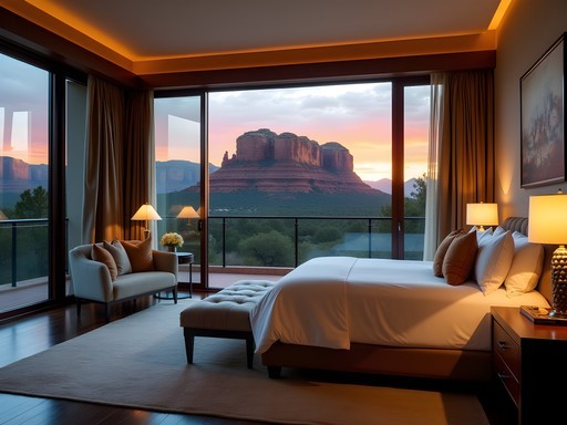 Luxury accommodation view of Sedona red rocks at sunset