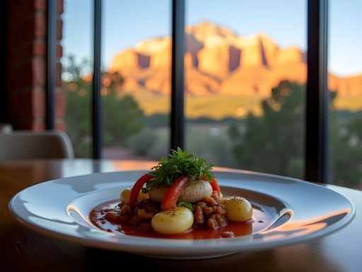 Elegant plated dish at Mariposa restaurant with Sedona red rock view