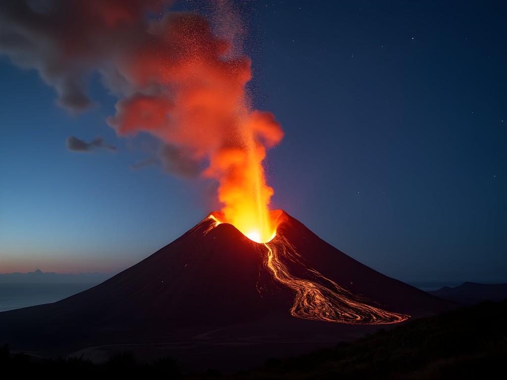 Mount Yasur volcano erupting at dusk with lava bombs and ash plume