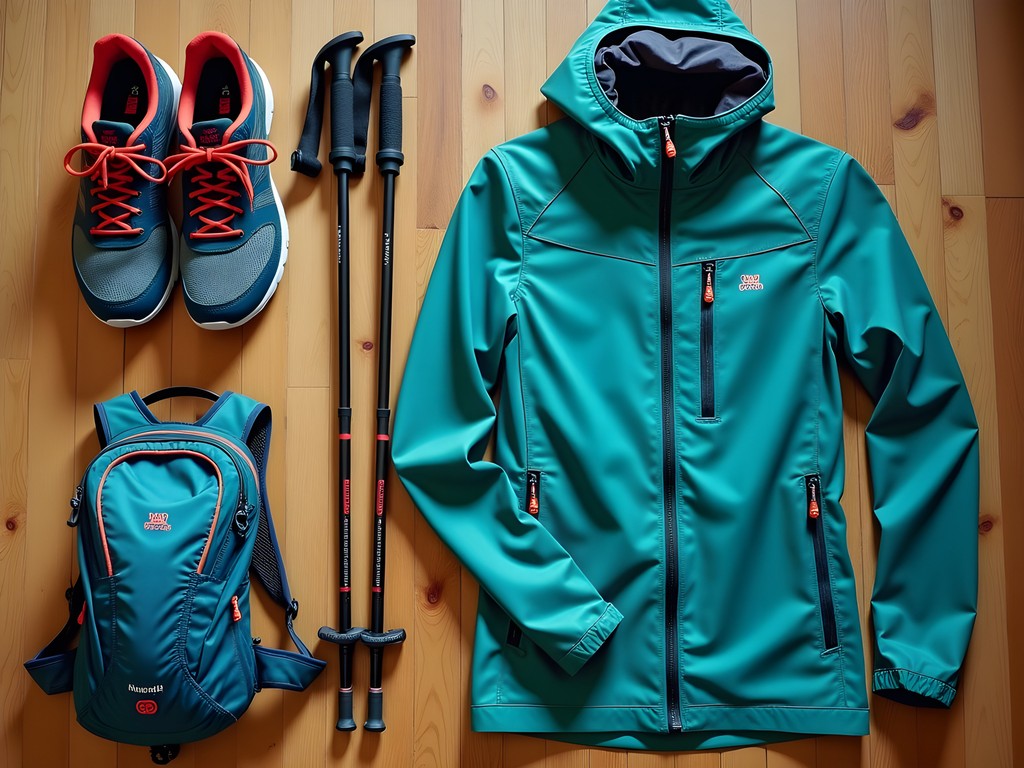 Hiking gear laid out for Vanuatu volcanic terrain with technical clothing and trail shoes