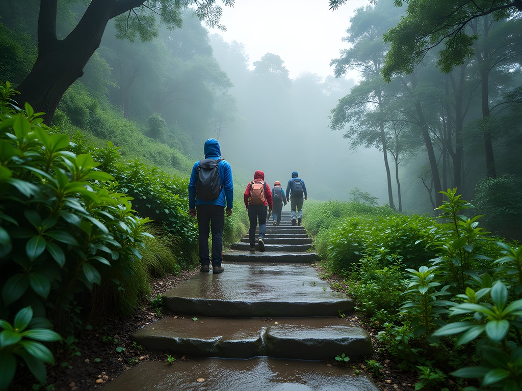 Trekking group ascending Rajmachi Fort trail through monsoon greenery in Western Ghats near Pune