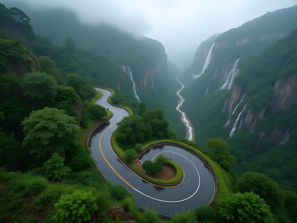 Winding hairpin road through Tamhini Ghat during monsoon season with mist and waterfalls