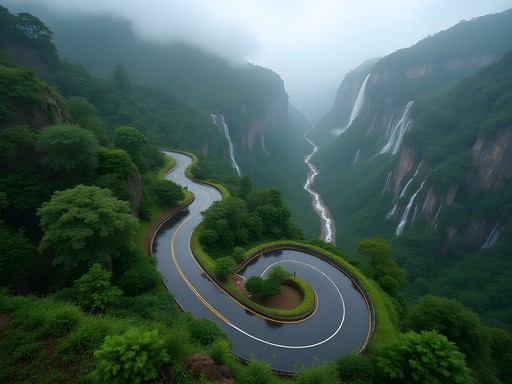 Winding hairpin road through Tamhini Ghat during monsoon season with mist and waterfalls