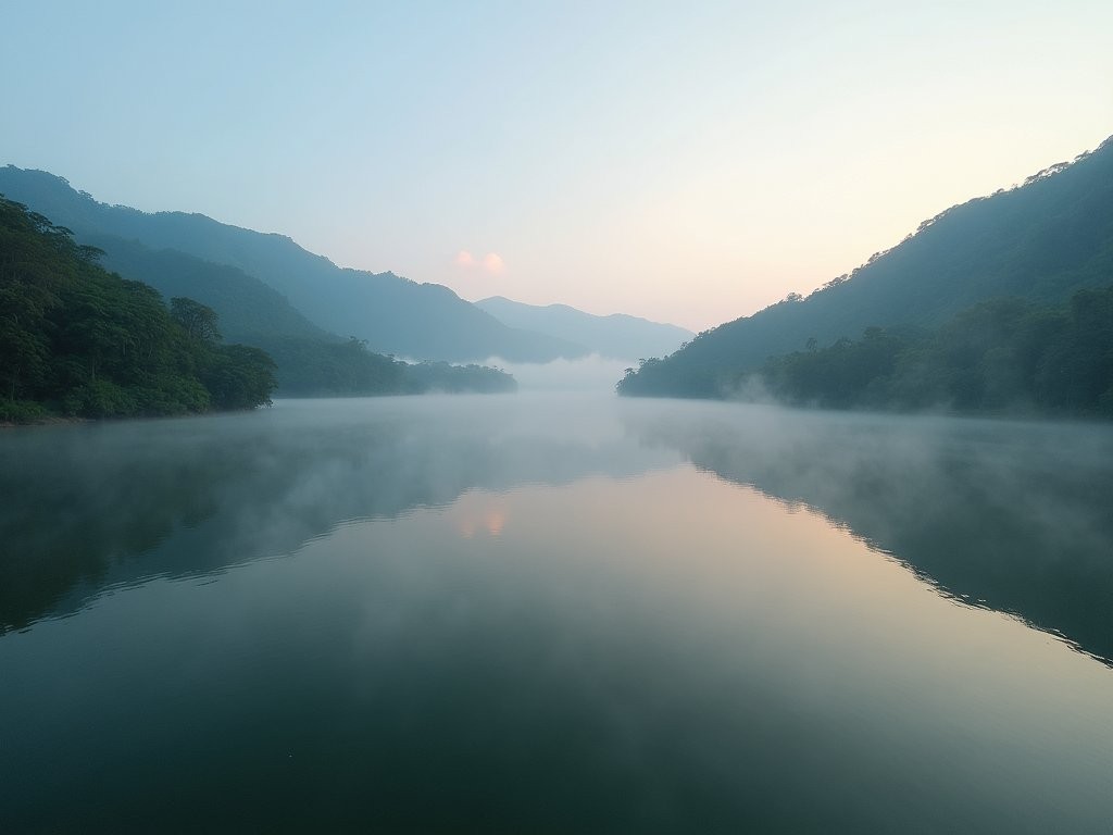 Morning mist rising over Kaptai Lake with hills in background
