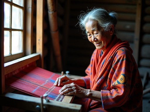 Elderly Marma woman weaving traditional textile on backstrap loom
