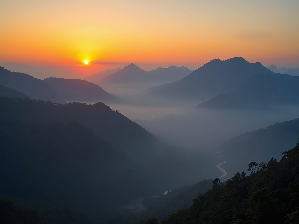 Sunrise over multiple mountain ridges in Sajek Valley with morning fog in valleys