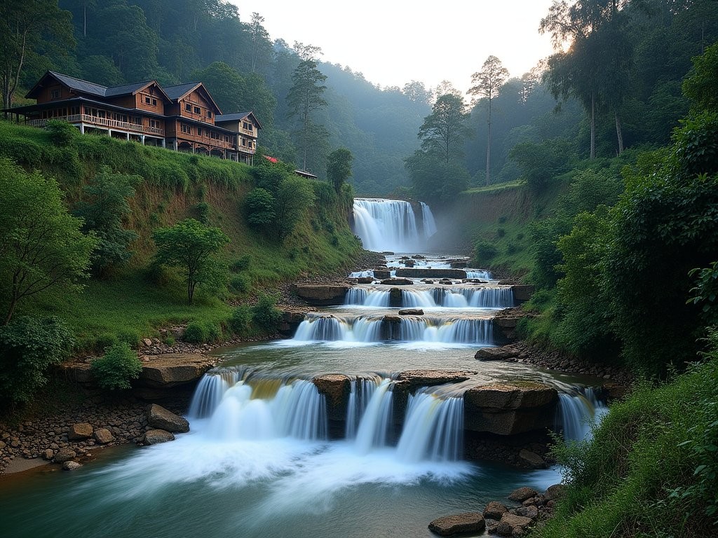 Shuvolong waterfall with traditional Chakma village visible on hillside