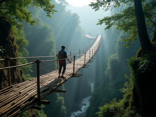 Traditional bamboo suspension bridge spanning forest ravine in Chittagong Hill Tracts