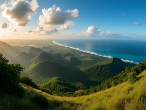 Panoramic view from Masingini Hills showing forested slopes and the Indian Ocean in the distance