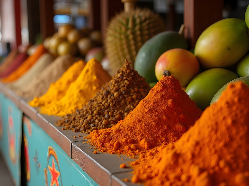 Colorful display of spices and tropical fruits at Stone Town market in Zanzibar