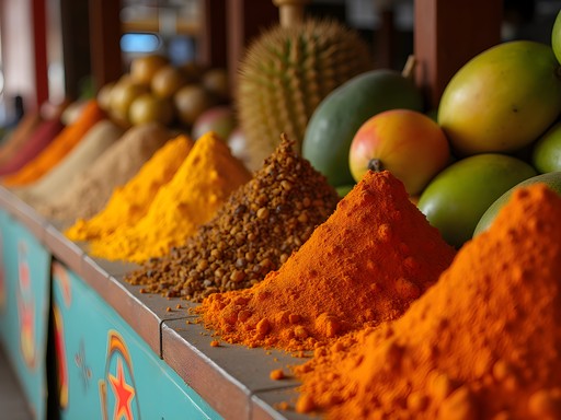 Colorful display of spices and tropical fruits at Stone Town market in Zanzibar