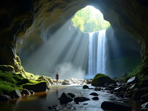 Entrance to the Devil's Throat Cave with dramatic rock formations and waterfall in the Rhodope Mountains