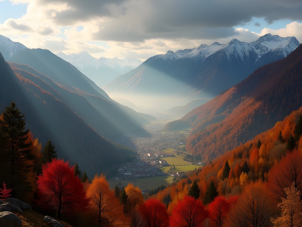 Panoramic view of the Rhodope Mountains in autumn with colorful foliage and traditional Bulgarian village in the valley
