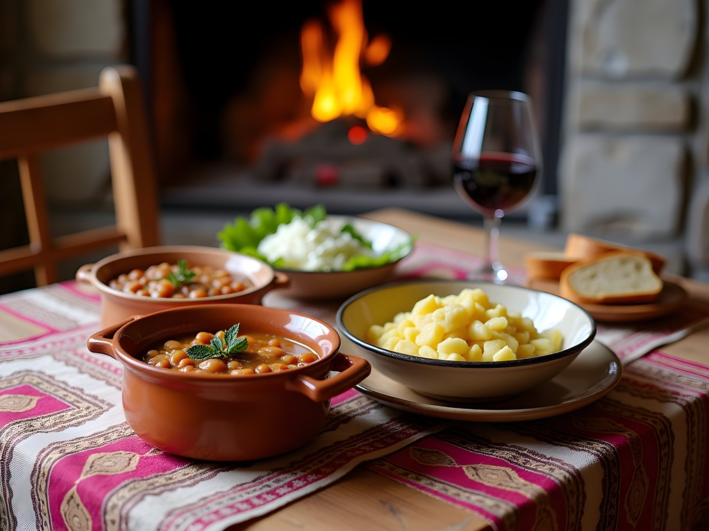 Traditional Bulgarian meal served in a rustic guesthouse dining room in the Rhodope Mountains