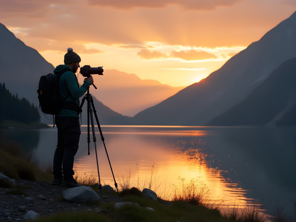 Photographer capturing sunrise at Rila Lakes in Bulgaria