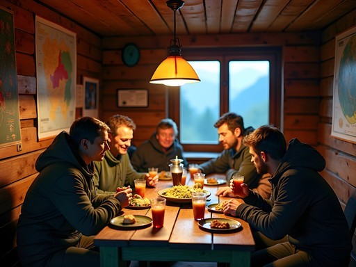 Evening gathering at traditional Bulgarian mountain hut with hikers sharing meals